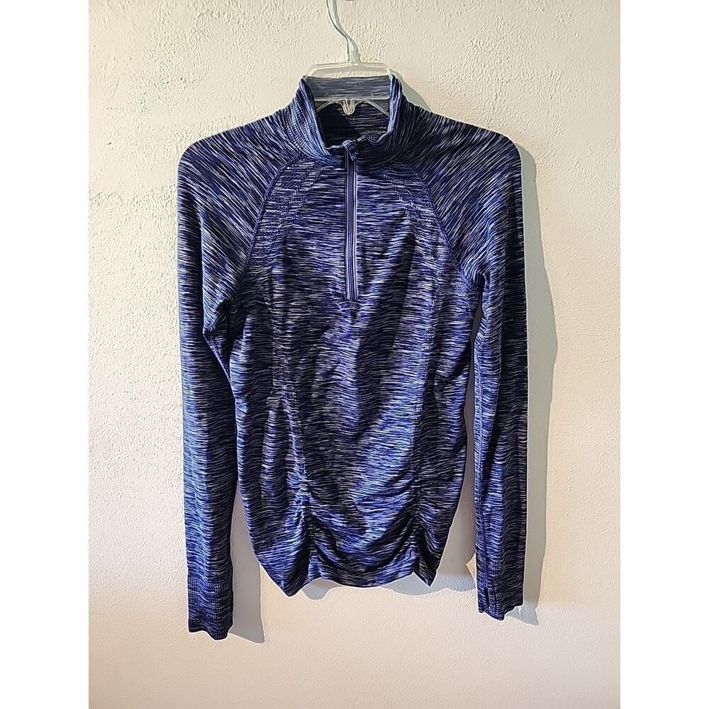 Athleta 3/4 Zip Long Sleeve Blue Purple Pink Fitted Stretch Top Small Thumb Hole